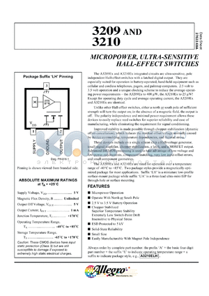 A3209ELH datasheet - Micropower, ultra-sensitive hall-effect switch