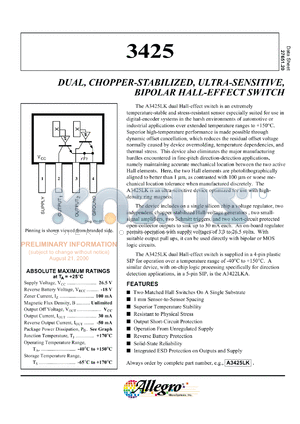 A3425LK-TK datasheet - Dual,chopper-stabilized,ultra-sensitive,bipolar hall-effect switch