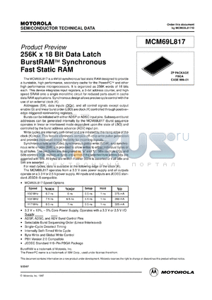 MCM69L817ZP7R datasheet - 256K x 18 bit data latch burstRAM synchronous fast static RAM