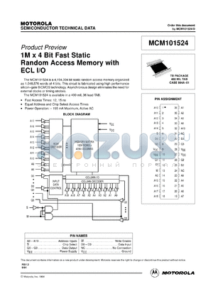 MCM101524TB15 datasheet - 1M x 4 bit fast static random access memory