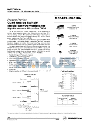 MC54HC4016AJ datasheet - Quad analog switch/multiplexer/demultiplexer