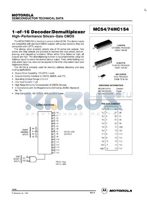 MC54HC154N datasheet - 1-of-16 decoder/demultiplexer