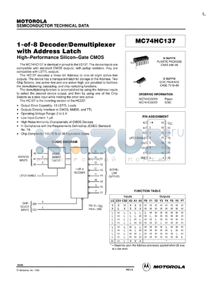 MC74HC137N datasheet - 1-of-8 decoder/demultiplexer with address latch