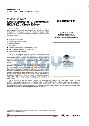 MC100EP111 datasheet - Low-voltage 1:10 differential ECL/PECL clock driver
