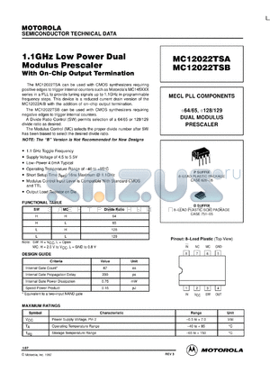 MC12022TSAD datasheet - 1.1 GHz low power dual modulus prescaler