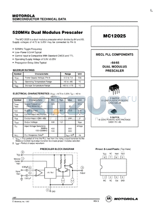 MC12025D datasheet - 520 MHz dual modulus prescaler