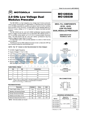 MC12033BD datasheet - 2.0 GHz low voltage dual modulus prescaler