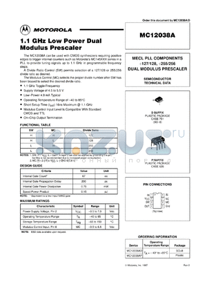 MC12038BP datasheet - 1.1 GHz low power dual modulus prescaler