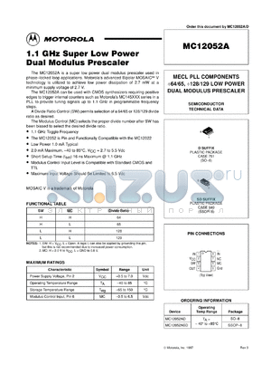 MC12052ASD datasheet - 1.1 GHz super low power dual modulus prescaler