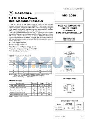 MC12058SD datasheet - 1.1 GHz super low power dual modulus prescaler