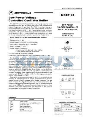 MC12147SD datasheet - Low power voltage controlled oscillator buffer