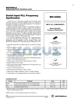 MC12202M datasheet - Serial input PLL frequency synthesizer