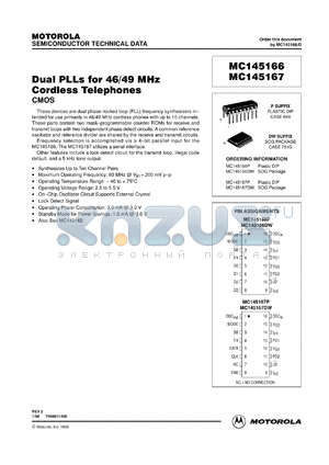 MC145166P datasheet - Dual PLLs for 46/49 MHz cordless telephone