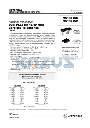 MC145168DW datasheet - Dual PLLs for 46/49 MHz cordless telephone