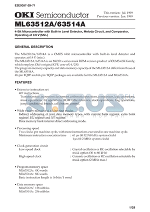 ML63514A-TP datasheet - 4-bit microcontroller with built-in level detector, melody circuit,and comparator, operating at 0.9V