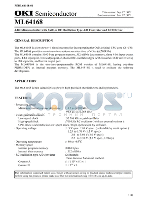 ML64168-GA datasheet - 4-bit microcontroller with built-in RC oscillation type A/D converter and LCD driver