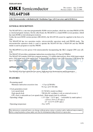 ML64P168-NGP datasheet - 4-bit microcontroller with built-in RC oscillation type A/D converter and LCD driver