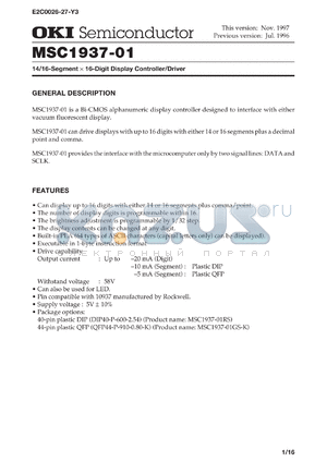 MSC1937-01RS datasheet - 14/16-segment x 16-digit display controller/driver