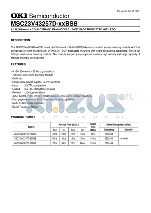 MSC23V43257D-60BS8 datasheet - 4,194,304-word x 32-bit dynamic RAM module