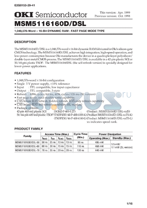 MSM5116160D-50JS datasheet - 1,048,576-word x 16-bit dynamic RAM