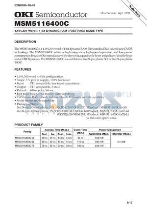 MSM5116400C-50SJ datasheet - 4,194,304-word x 4-bit dynamic RAM