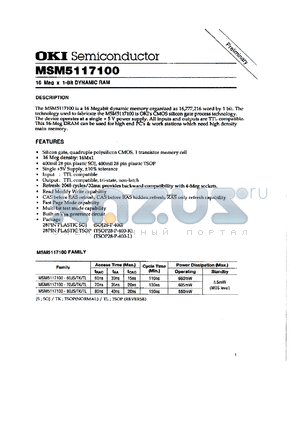 MSM5117100-60JS datasheet - 16 Meg x 1-bit dynamic RAM