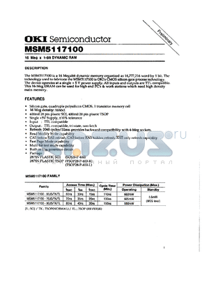 MSM5117100-80JS datasheet - 16 Meg x 1-bit dynamic RAM