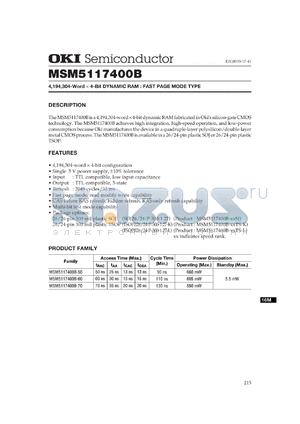 MSM5117400B-70TS-K datasheet - 4,194,304-word x 4-bit dynamic RAM