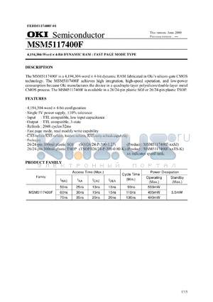 MSM5117400F-50TS-K datasheet - 4,194,304-word x 4-bit dynamic RAM