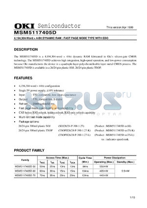 MSM5117405D-70TS-L datasheet - 4,194,304-word x 4-bit dynamic RAM