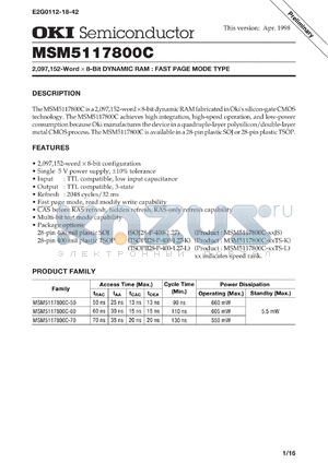 MSM5117800C-70JS datasheet - 2,097,152-word x 8-bit dynamic RAM