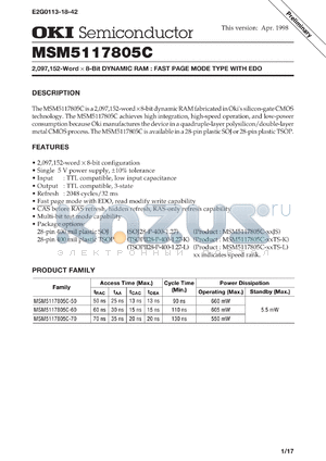 MSM5117805C-50TS-L datasheet - 2,097,152-word x 8-bit dynamic RAM