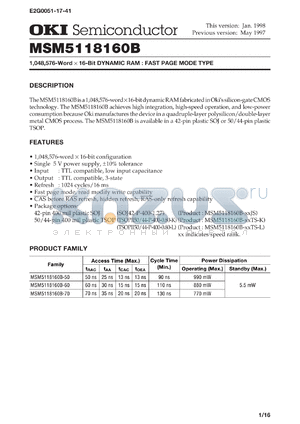 MSM5118160B-50JS datasheet - 1,048,576-word x 16-bit dynamic RAM