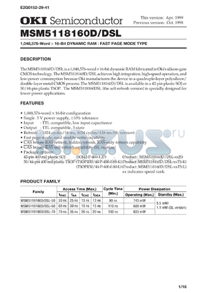 MSM5118160DSL-70JS datasheet - 1,048,576-word x 16-bit dynamic RAM