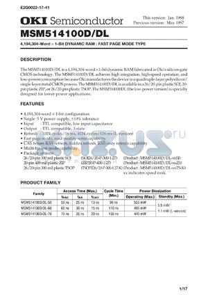 MSM514100D-70TS-K datasheet - 4,194,304-word x 1-bit dynamic RAM
