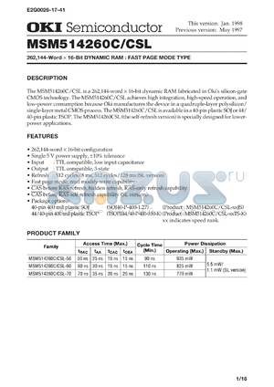 MSM514260C-60JS datasheet - 262,144-word x 16-bit dynamic RAM