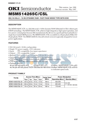 MSM514265CSL-50JS datasheet - 262,144-word x 16-bit dynamic RAM