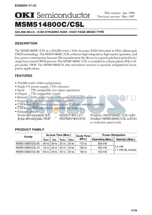 MSM514800C-70TS-K datasheet - 524,288-word x 8-bit dynamic RAM