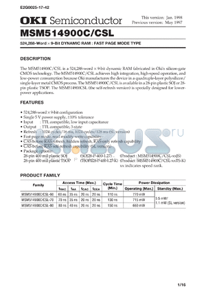 MSM514900C-70JS datasheet - 524,288-word x 9-bit dynamic RAM