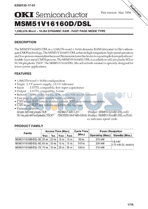 MSM51V16160D-60TS-K datasheet - 1,048,576-word x 16-bit dynamic RAM