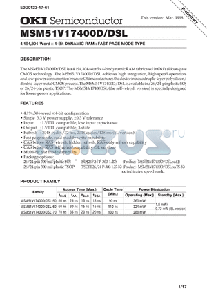 MSM51V17400D-60SJ datasheet - 4,194,304-word x 4-bit dynamic RAM