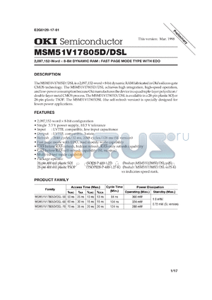 MSM51V17805D-50JS datasheet - 2,097,152-word x 8-bit dynamic RAM