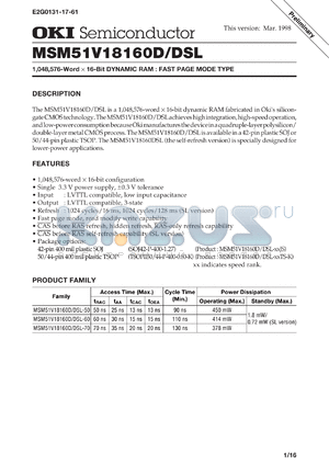 MSM51V18160D-60JS datasheet - 1,048,576-word x 16-bit dynamic RAM