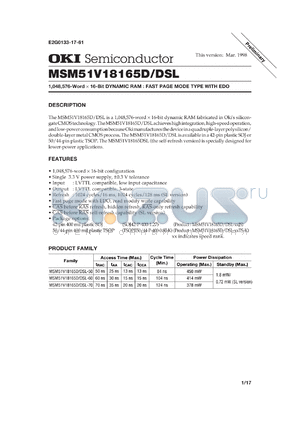 MSM51V18165DSL-50JS datasheet - 1,048,576-word x 16-bit dynamic RAM