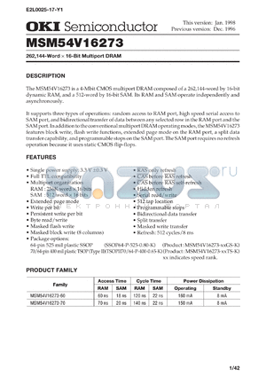 MSM54V16273-70TS-K datasheet - 262,144-word x 16-bit multiport DRAM