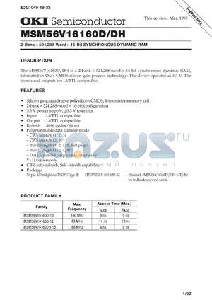 MSM56V16160DH-15TS-K datasheet - 2-bank x 524,288-word x 16-bit cynchronous dynamic RAM