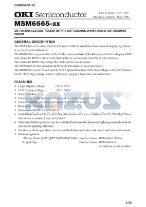 MSM6665-01GS-K datasheet - Dot matrix LCD controller with 17-dot common driver and 80-dot segment driver