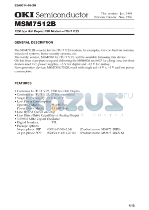 MSM7512BRS datasheet - 1200 bps half duplex FSK modem - ITU-T V.23