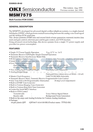 MSM7575GS-BK datasheet - Multi-function PCM CODEC