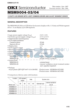 MSM9004-03GS-BK datasheet - 1/4 duty LCD driver with 4-dot common driver and 50-dot segment driver